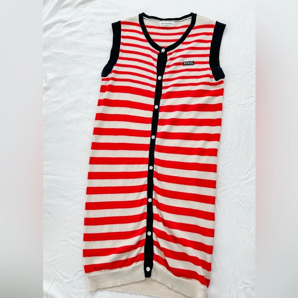 Sonia Rykiel Paris Red Cream Navy Stripe Knit Button Down Tunic Knit - Picture 3 of 6